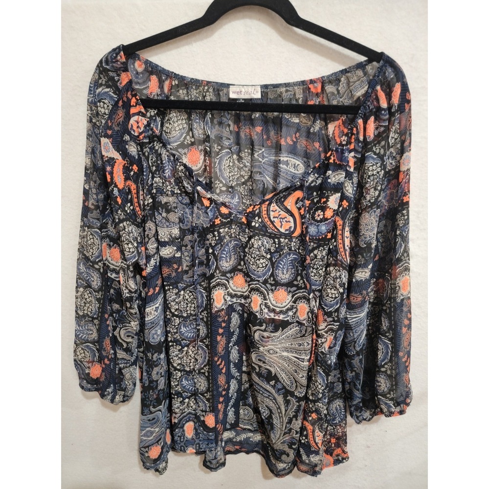 Wet Seal+ 2XL Blue Orange Paisley Sheer Chiffon Peasant Blouse Made in‎ USA Boho